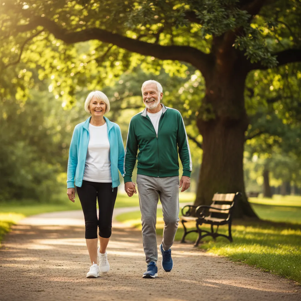 Para seniorów (kobieta i mężczyzna) w sportowych, wygodnych strojach, spacerująca po parku w słoneczny dzień. Uśmiechają się, wyglądają na zdrowych i pełnych energii. W tle widać zielone drzewa i ławkę. Obrazek ma emanować pozytywną energią i promować aktywny styl życia w starszym wieku.