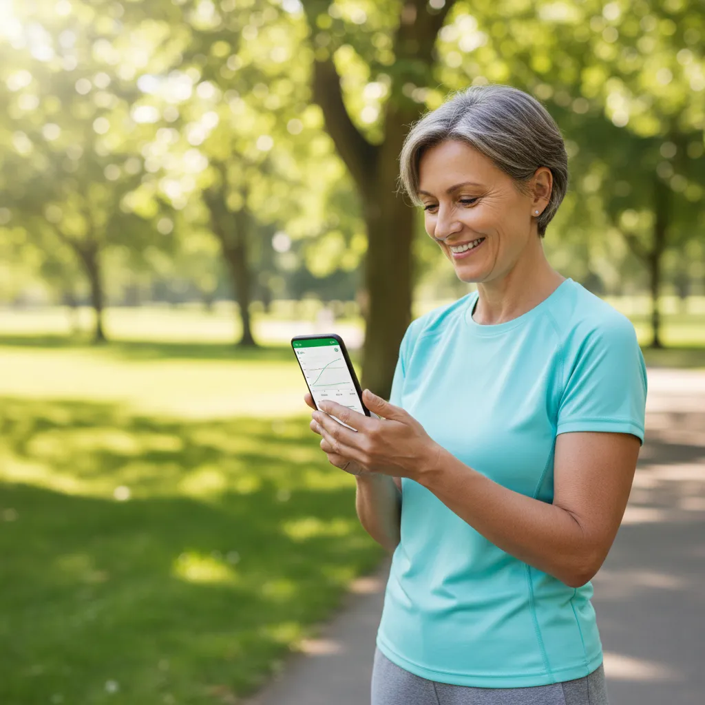 Nowoczesne, jasne ujęcie przedstawiające uśmiechniętą osobę w średnim wieku, która z satysfakcją spogląda na swój smartfon wyświetlający czytelny wykres glikemii z aplikacji CGM. W tle widać delikatnie rozmytą, zieloną scenerię parku, co sugeruje aktywny i swobodny styl życia. Obraz jest optymistyczny, technologiczny i skupiony na człowieku.