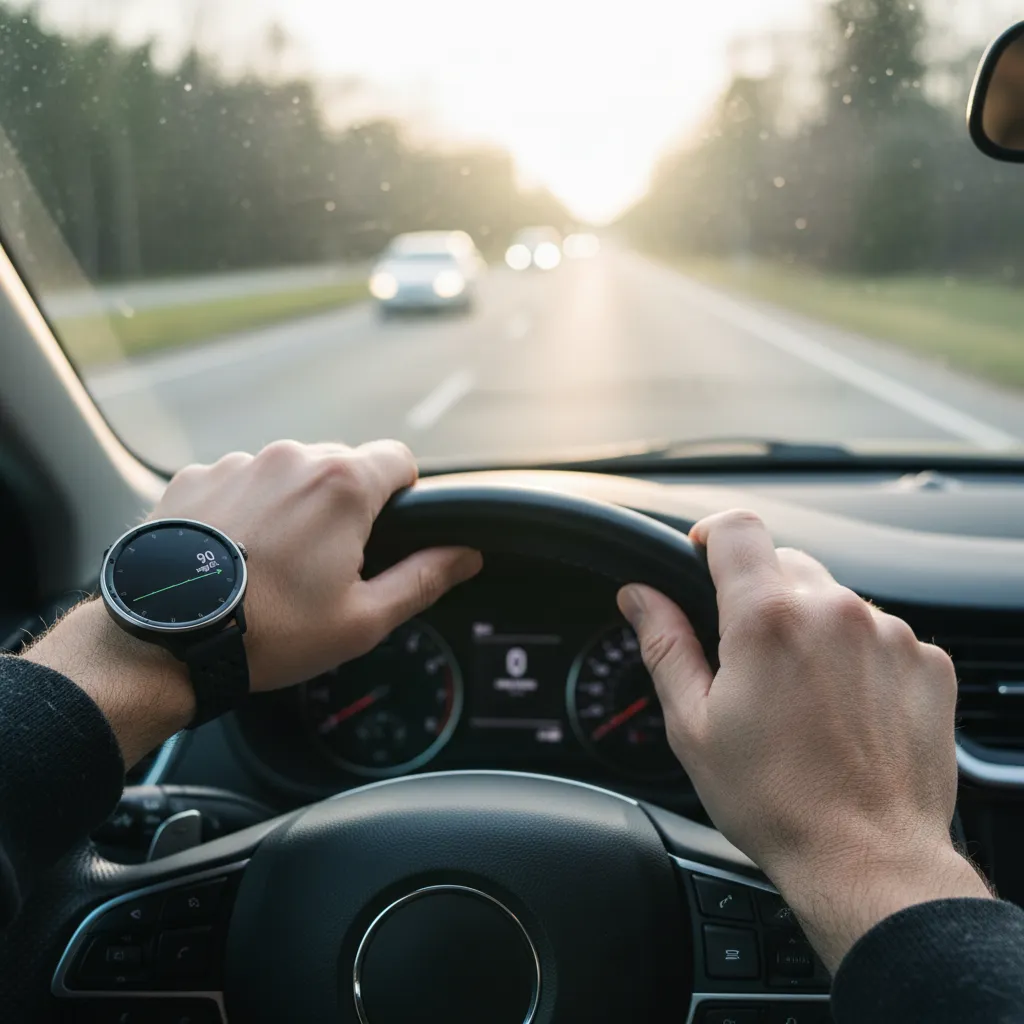 Zbliżenie na dłonie mężczyzny pewnie trzymające kierownicę nowoczesnego samochodu. Na jego nadgarstku widoczny jest smartwatch z dyskretnym, ale czytelnym wykresem glikemii z systemu CGM, pokazującym stabilny poziom cukru. W tle, przez przednią szybę, rozmyta, słoneczna droga.