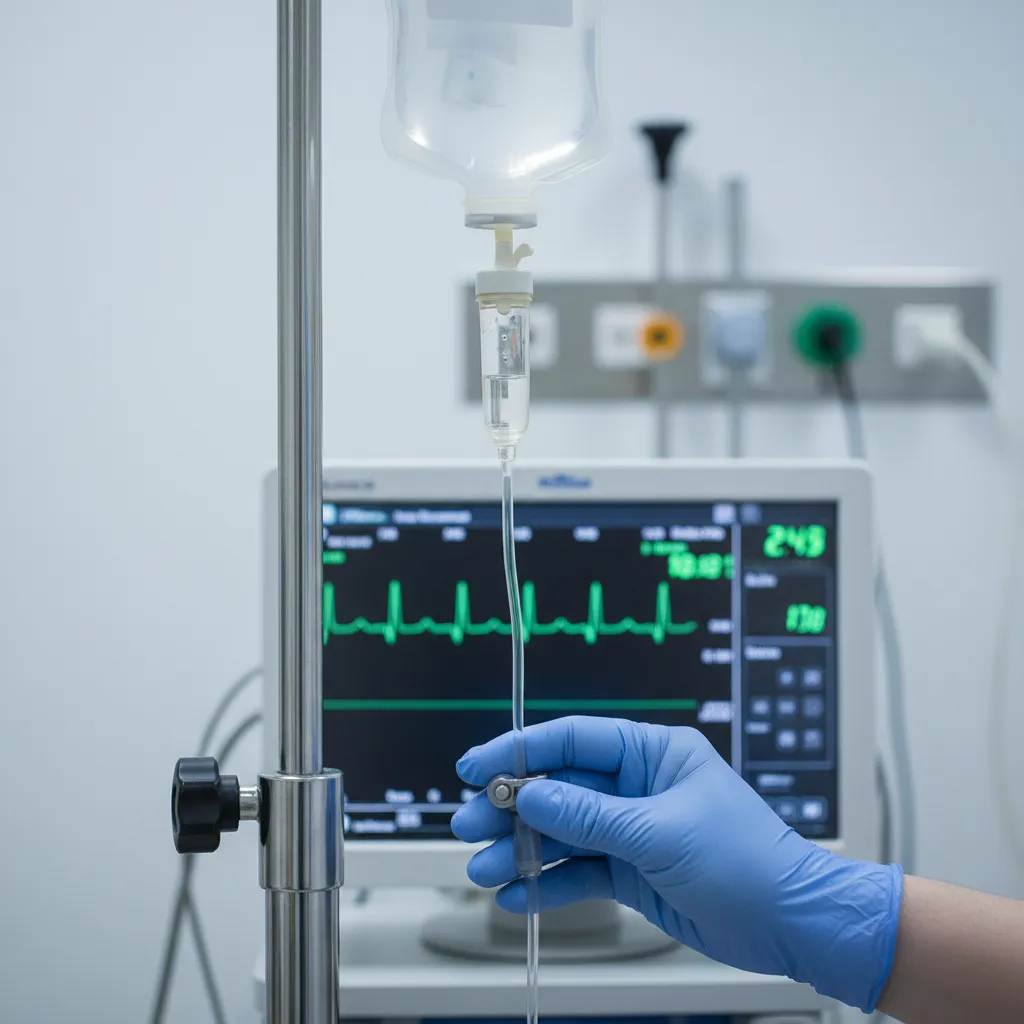 Profesjonalne, sterylne otoczenie szpitalne. Widoczny stojak na kroplówkę z płynem fizjologicznym, monitor EKG w tle i ręka lekarza lub pielęgniarki w rękawiczce, regulująca przepływ wlewu dożylnego. Obraz ma symbolizować profesjonalną opiekę medyczną w stanach nagłych.