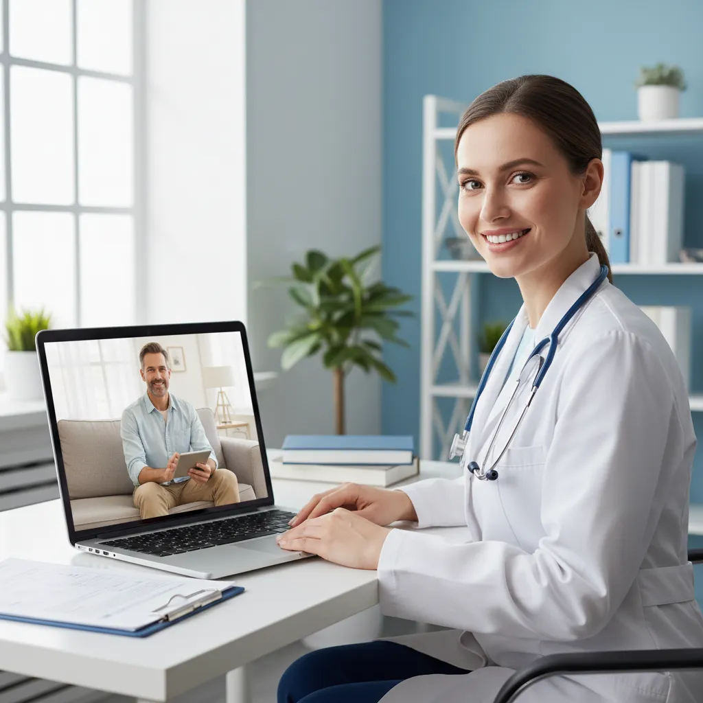 Uśmiechnięta, profesjonalna pani doktor prowadzi wideokonsultację na ekranie laptopa. W małym oknie widać pacjenta, który komfortowo siedzi w swoim domu. Scena jest jasna, nowoczesna i budzi zaufanie.